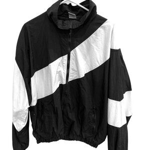Vintage Windbreaker Jacket Black White Diagonal Stripe Nylon Color Block  Size L
